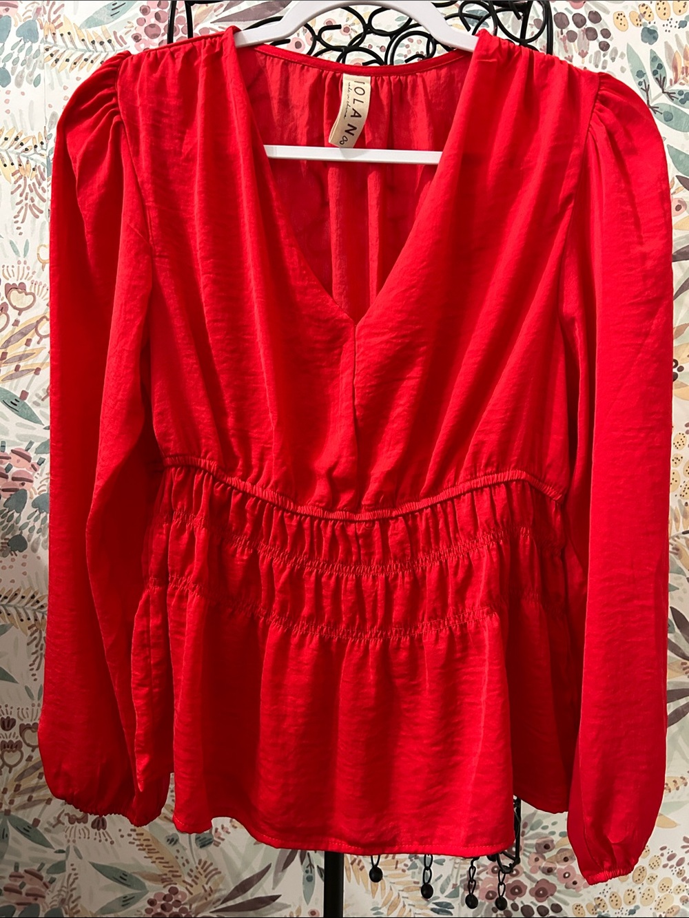 dolan Anthropologie Vibrant Red V-Neck Long-Sleeve Satin Peplum Blouse Small New